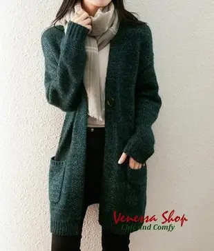 VENESSA~ 新款 超美夾花墨綠 上身顯膚白 粗棒針羊毛 慵懶隨意 寬鬆中長版針織衫開襟外套 (P802)