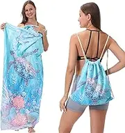 BYVCUI 2 in 1 Beach Towel, Quick Drying Beach Towel Backpack, Microfibre Bath Towel That Folds Into Storage Bag, 80x160cm, Portable Sandproof Printed Towel for Travel, Beach, Camping (SeaTurtle01)