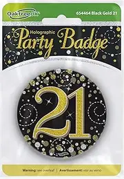 OakTree 3" Badge 21st Birthday Sparkling Fizz Black Gold Holographic