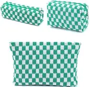 3 Pcs Makeup Bag Cosmetic Bag Set for Girls Women Checkered Travel Organizer Bathroom Toiletry Pouch Large Capacity Storage Bag (Green, One Size)