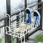 リキシマウケ Shoe Rack for Windows Railings Iron Drying with Hook Movable Hollow Quick Drain Balcony Rail Indoor Window Frame Mount Shoes Sock Towel Clothes Holder White B