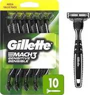Gillette Mach3 Sensitive Razors for Men, Men’s Disposable Razors, Pivoting Head for Close and Comfortable Shave, 10 Count