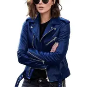 Rhafayre Motorcycle leather jacket spring and autumn women leather jacket women short slim leather jacket blue 5XL