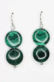 Malachite 14mm Coin Natural Green Gemstone Earrings .925 Sterling Silver 1 3/4"
