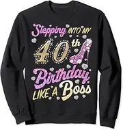 [X.Style] Stepping Into My 40 Birthday Like A Boss 40th B-Day Party Sweatshirt ds1640 Sweater (M) Black
