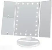 DIMENS White Trifold Vanity Makeup Mirror with 22 LED Lights, Touch Screen Control USB Charging, 180-Degree Adjustable Stand 1x/2x/3x Magnification for Precision Countertop Cosmetic Application