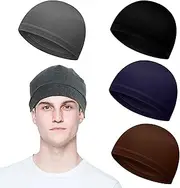 [Ormromra] 4 Pieces Men Skull Cap, Unisex Cycling Helmet Liner Cap, Stretchy Running hat for Men, Breathable Sleep Hats, Winter Warm Thin Hat, Soft Beanies Cap, for Cycling, Running, Brown, blue, gray, black