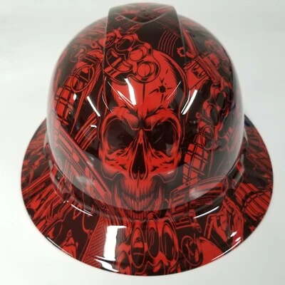 NEW FULL BRIM Hard Hat custom hydro dipped OLD SCHOOL SKULLS AND MAYHEM RED
