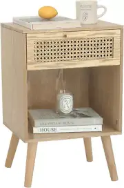 Rattan Side Table, Small Bedside Tables Natural Wood Nightstand with Drawer and