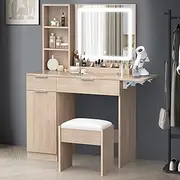 ALFORDSON Dressing Table Chair Set with LED Mirror, Open Shelves and Drawers, Makeup Organiser Vanity Desk with Flipable Countertop, Wood Color