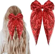 Large Sequin Red Bows Hair Clips with Long Ribbon Tail Christmas Hair Bows for Women Festival Cheerleader Hair Bow Clips Barrette Ponytail Holder
