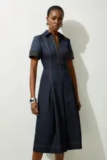 Petite Tailored Denim Full Skirted Midi Shirt Dress