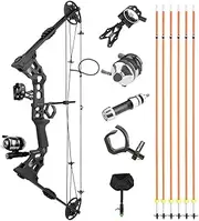 Archery Bowfishing Bow Kit with Arrow Complete Compound Bow Fishing Kit Right/Left Handed 20-70 LBS Draw Length 24"-30" Adjustable Axle-to-Axle 34" (Left Handed, Black)