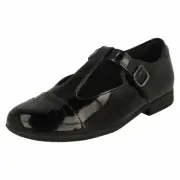 Girls Clarks 'Scala Spirit K' Black Patent Leather T-Bar School Shoes