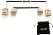 Expandable Exercise Black Spreader Bar Set with 4 pcs Gold Plush Leather Fur Adjustable Straps Home Workout Bar, Gym Kit