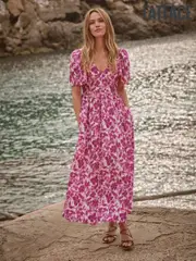 FatFace Marlowe Purple Gathered Sleeve Printed Dress (AL1869) | $205