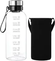 Water Bottle with Time Marker 2L Clear High Borosilicate Glass Water Bottles with Lanyard, Sleeve & Removable Filter Leakproof Dishwasher Safe Bottle for Home, Office, Sports Glass Bottles