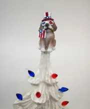 4th July Dog w Flag Tie Topper for Ceramic Christmas Tree Star Light Bulb