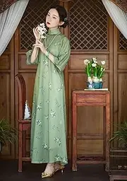 [MOOCO MORNING] Vintage Flower Print Green Qipao Elegant Cheongsam Dress Loose Traditional Chinese Long Dress for Women Elegant Party Dress