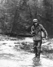 An Angler In Waders Fishes For Trout In A Wooded Stream 1950 Old Fishing Photo
