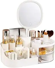 DASITON Makeup Organizer with Rechargeable Mirror,Makeup Brush Holder with 2 Drawers,Skincare and Cosmetics Organizer Countertop,Large Capacity Cosmetic Display Case for Vanity,Bedroom,Bathroom(White)
