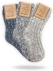 [FEINSCHÖN] 3 Pairs of Very Warm Norwegian Socks for Baby and Children, Thick Wool Socks with Plush Sole, Winter Socks in Various Designs, Grey - blue mix, 27-30