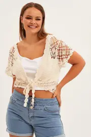 Oatmeal Crochet Cardigan Crop Tie Front