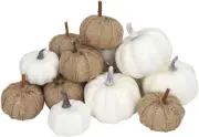 Fabric and White Pumpkins Assorted Size - 16PCS White Pumpkins and Burlap Pumpki