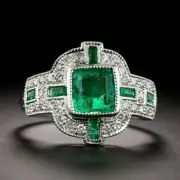 Art Deco Style Green Emerald Lab Created Diamond Wedding 14k White Gold FN Ring