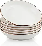 ALLUSEIT Pasta Bowl, 25oz | 750ml White Grid Pattern Porcelain Salad Plate, Ceramic Dinner Bowl Plate Set of 6 Serving Soup, Stir-Fry, Fruit etc. Microwave & Dishwasher Safe Φ8” | 20.5cm