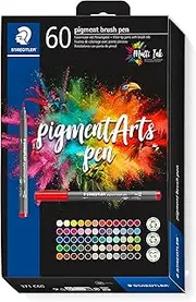 STAEDTLER Brush Pen Pigment Arts, Premium Drawing Ink, Brush Tip for Variable Line Width, Waterproof, Quick-Drying, 60 Brush Pens in Assorted Colours in Cardboard Case, 371 C60