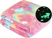 Glow in The Dark Blanket Unicorn Gifts for Kids Girls Teen Birthday Christmas Halloween Present Light Up Rainbow Unicorn Bedroom Bed Decor Fun Soft Fluffy Plush Glowing Throw Pink 50"x60"