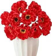 Poppies Flowers Artificial, 10Pcs 12 Inch Real Touch Fake Poppies with Long Stem, PU Red Artificial Flowers for Wedding Home Party Table Decor