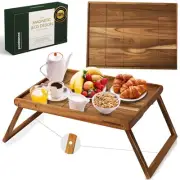 Wooden Bed Tray Table with Folding Legs - 100% Acacia Wood Breakfast Tray - F...