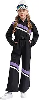 [Sywiyi] Kids Girls Ski Suit One Piece Hooded Jumpsuit Waterproof Snowsuits with Belt Snowboarding Jumpsuits