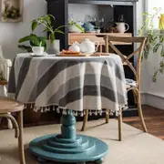 Catzon Stitching Tassel Kitchen Decoration Round Dustproof Tablecloth-Gray Stripe