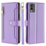 Fall Proof Flip Cover for Nokia C32 Zipper Pocket Stand Wallet Leather Phone Case with 2 Straps