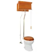 Light Mahogany Finish High Tank Pull Chain Toilet Wooden Flat Tank White Porcel
