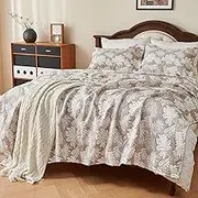 EVENHUG 100% Cotton Quilt Queen Size Reversible Tropical Plant Quilted Bedding Set Summer Lightweight Bedspread Coverlet with 2 Pillow Shams Washable Bed Cover for All Season 3 Pieces, 92"x96", Beige