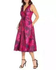 Aidan Mattox Metallic Floral Jacquard Midi Dress Women's 12 Fuchsia Multi V-Neck
