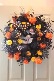 Halloween Wreath Vintage Gemmy Witch Stirring Cauldron With Spider Black Orange