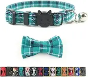 Cat Collar Breakaway with Bell and Bow Tie, Plaid Design Adjustable Safety Kitty Kitten Collars(6.8-10.8in) (Cyan-Blue)