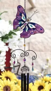 Purple Butterfly Glass Gem Resonant Black Coated Copper Wind Chime Garden Patio