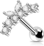 [OUFER] 316L Surgical Steel Helix Piercing Jewelry, Cartilage Earrings Studs, Curved Vine 16G Clear CZ Tragus Piercing Jewlery for Women Men-Butterfly/Flower