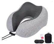 Travel Pillow 100% Pure Memory Foam Neck Pillow, Comfortable & Breathable Cover - Machine Washable, Airplane Travel Kit with 3D Sleep Mask, Earplugs, and Luxury Bag, Light Grey