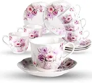 Porcelain Tea Cup and Saucer Set - 7OZ New Bone China Floral Pattern Coffee Cup Set of 6 Cups Ceramic for Specialty Coffee Drinks Cappuccino Latte Cafe Mocha and Tea