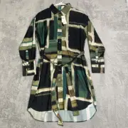 Banana Republic Dress Medium Black Olive Teal Brush Stokes Belted Button Front