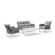 Hugo 2+1+1 Seater Outdoor Aluminium and Rope Lounge Set with Coffee Table White - Grey rope - Textured Olefin Grey