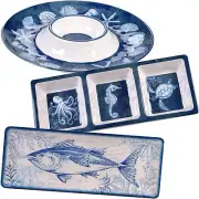 Oceanic 3 pieces Melamine Hostess Serving Set Blue & White Dinnerware Trays