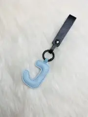 Letter J Keychain Key Fob Ring Luggage Tag, Handmade Faux Leather Blue Strap New